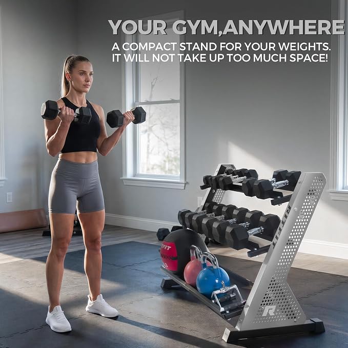 RitFit Rubber Hex Dumbbell Weight Set with 3-Tier Dumbbell Rack | Anti-Slip Knurled Chrome Handle,Cast Iron,Hexagon Anti-Roll Design,1000LB Capacity Heavy Duty Steel Rack for Home Gym