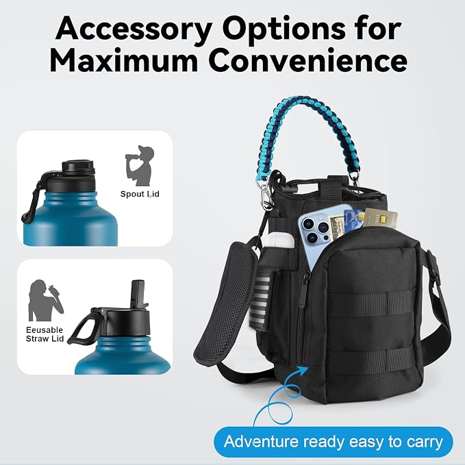 KXIAOCHEN Insulated Water Bottle with Strap, 48-Hour Cold, 2 Lids | Triple-wall insulation, lead-free 18/8 Stainless steel, paracord handle, carabiner clip, for gym, hiking, camping and travel