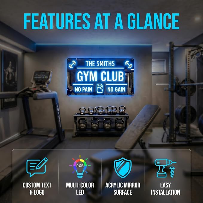 Large Custom LED GYM Sign, Handmade Persoanlized 3D Mirror Gym Dumbbell Barbell Light Sign for Home, Light up Sign for Man Cave, Garage Gym & Fitness Room Sport Workout Room