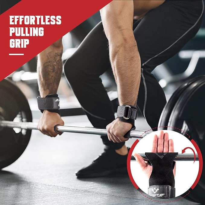 Weight Lifting Wrist Strap, Double-Layer Leather for Deadlift Powerlifting | Gym Strap with Adjustable Neoprene Padded Fit for 6.3–8 Inch Wrist, 8.07-Inch Leather Strap, Gym Workout Lifting Hook (Pair)