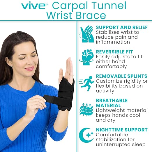 Vive Carpal Tunnel Wrist Brace with Splint for Left or Right Hand | Adjustable Night Wrist Support Splint Immobilizer for Men & Women - Cockup Brace for Arthritis, Tendonitis, Sprain, Injuries