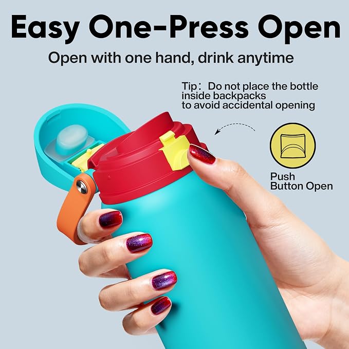 Insulated Water Bottle with Straw - Encool Stainless Steel Water Bottle with Push Button Lid, Leak-Proof & BPA-Free, Keeps Cold for 24 Hours for Sports, Travel, Gym (32 oz, Cerulean Blue)