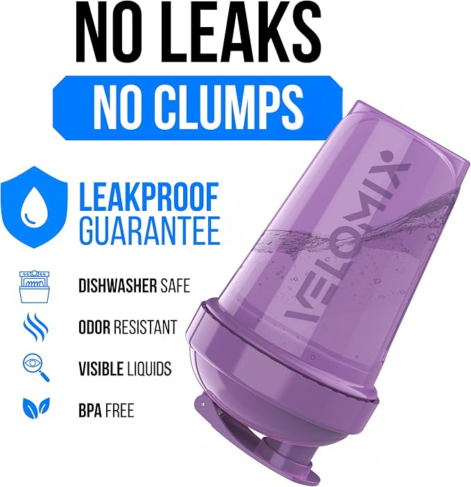 VELOMIX 2 Pack 20oz Protein Shaker Bottle for Protein Mixes, Purple/Black | 2x Wire Whisk, Leak Proof Shaker Cups for Protein Shakes, Stackable, Dishwasher safe, BPA free, Pre Workout and Gym ready