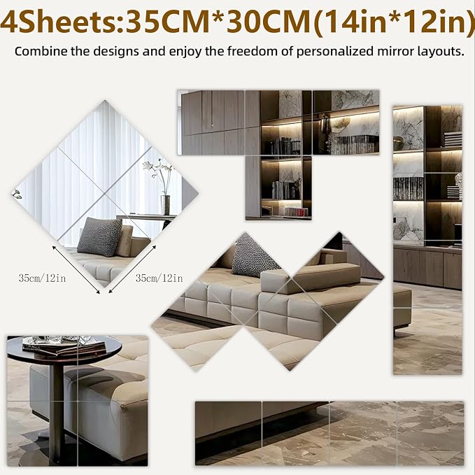 Stick on Small Mirror for Wall Decor, Plastic Non Glass Sticky Kids Safety Toddler Mirrors, 4 Pack 14”x12” Acrylic Mirror Tiles, Shatterproof Mirrors Sheet for Bedroom Closet，Gym Body Mirror's