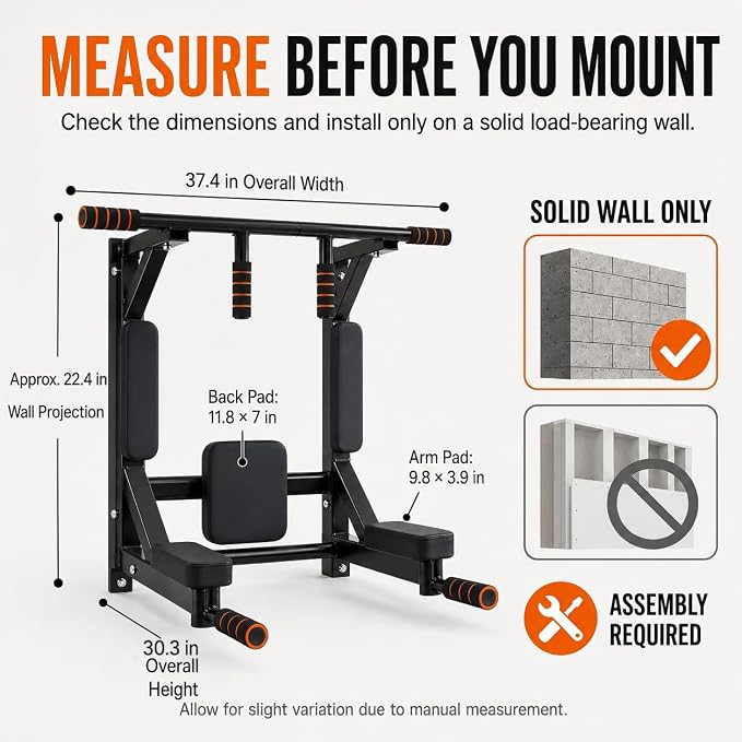 Wall Mounted Pull Up Bar Dip Station, Training Equipment Fitness Dip Stand, Multiple Grip Positions, 440 Lbs Capacity for Home Gym Workout