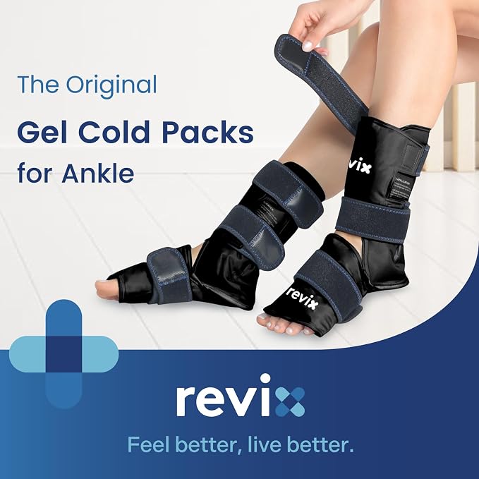 REVIX Ice Packs for Ankle, Reusable Cold Pack, 2 Packs, Black | Foot Ice Wrap with Soft Plush Lining, Flexible Gel Pack for Plantar Fasciitis, Achilles Tendonitis, Sprained Ankle