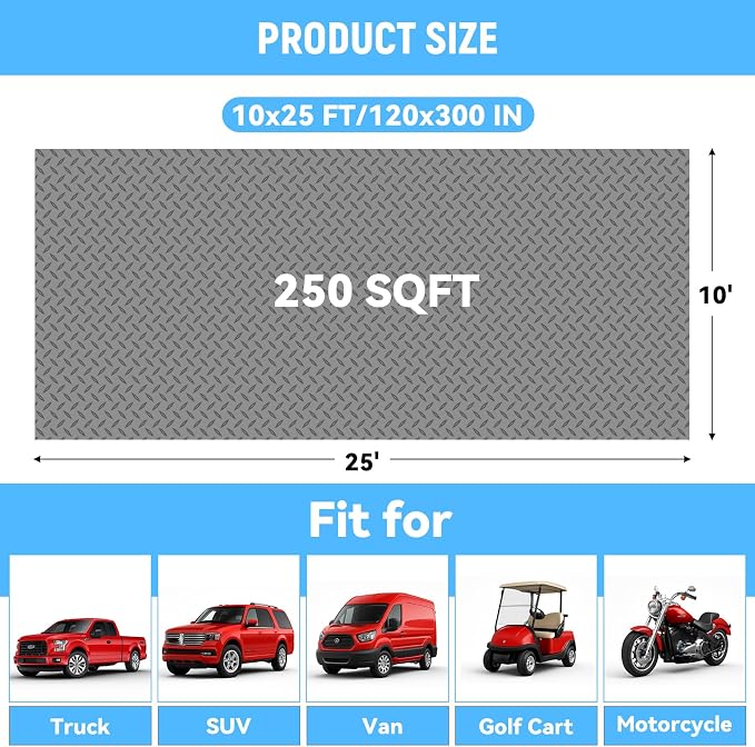 10x25 FT Garage Floor Mat, 2.8mm Thickened Diamond Plate | PVC Flooring Roll for Under Car/Garage/Warehouse/Basement/Gyms/Trailer, 250 SQFT Garage Mat, Tapes Included, Gray