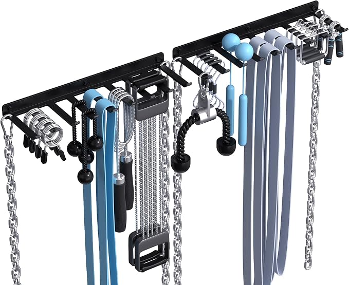 Home Gym Accessories Storage Wall Rack with Sturdy Hooks, Carabiner Clips | Heavy Duty Home Gym Equipment Storage Rack Wall Mount for Resistance Bands, Cable Attachments,Lifting Belts,Jump Ropes,Chains