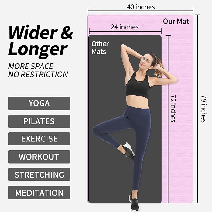 Hatha Yoga Extra Long TPE Yoga Mat 79" x 40" x 1/2" Thick Non-slip Exercise Mat for Home Gym Use, Yoga, Pilates, Fitness & Workouts