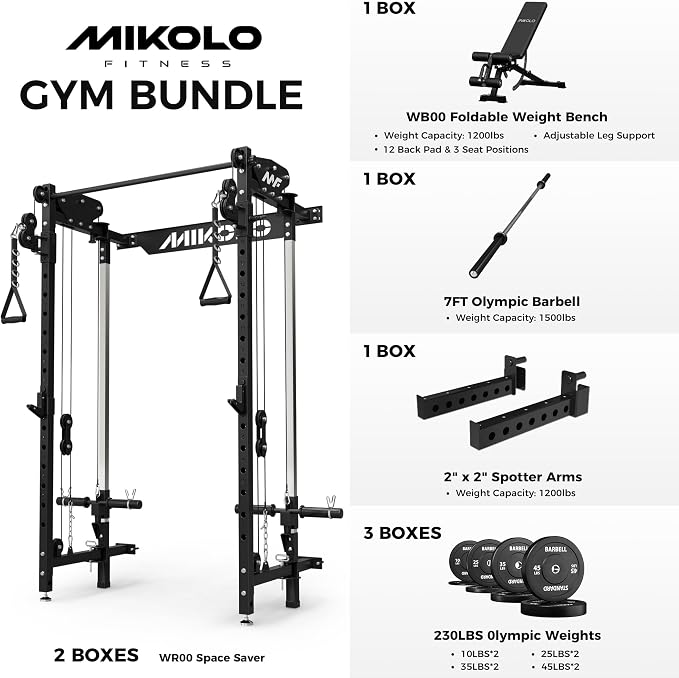 Mikolo Folding Squat Rack, Wall Mounted Power Rack with Cable Crossover Machine & LAT Pull Down, Functional Trainer with 5 Adjustable Function Modes, Home Gym Package