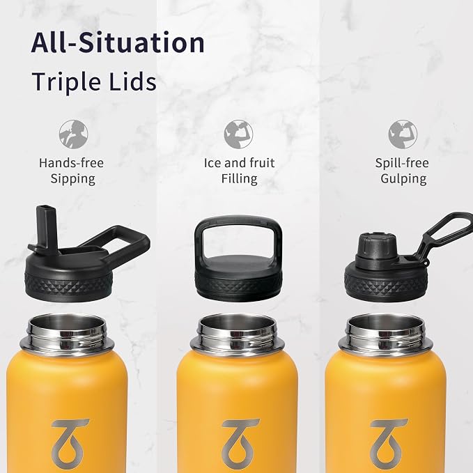 Trebo Water Bottle Insulated 40 oz with 3 Lids, Paracord Handle & Sleeve | Stainless Steel Flask Vacuum, Triple Wall Copper Plated, Dishwasher Safe, Keeps Cold 48Hrs for Hiking, Gym, Wide Mouth