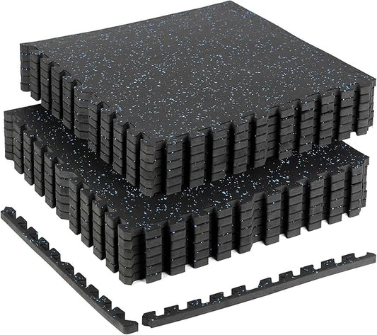 0.56in Thick 48 Sq Ft Exercise Equipment Mats, 12 Tiles Rubber Top EVA Foam Workout Mats, Interlocking Gym Flooring for Home Gym, 24 x 24in, Black & Blue