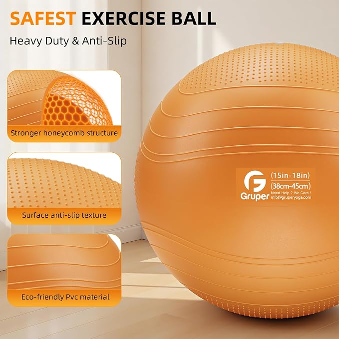 Gruper Yoga Ball, Extra Thick Non Slip Exercise Ball for Workout, Yoga, Pregnancy, 4 Sizes Anti Burst Chair for Home and Office, Includes Foot Pump & Fitness Guide