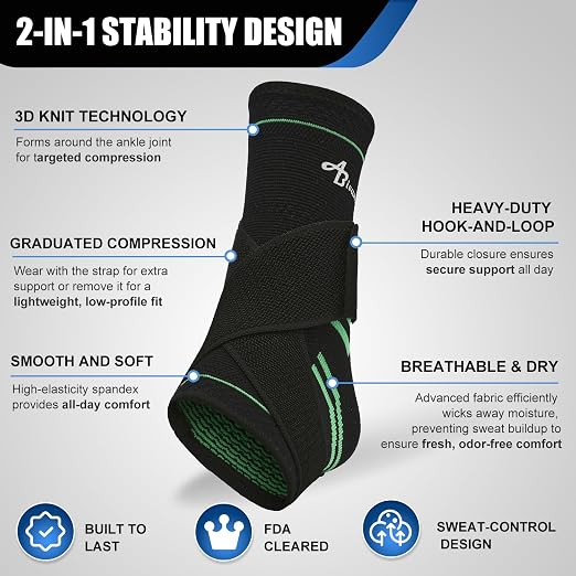 ABIRAM Breathable Ankle Brace Compression Sleeve with Adjustable Strap | Adjustable Compression Support for Sprained Ankles, Plantar Fasciitis, Achilles Tendonitis, Running, Gym and Everyday Wear