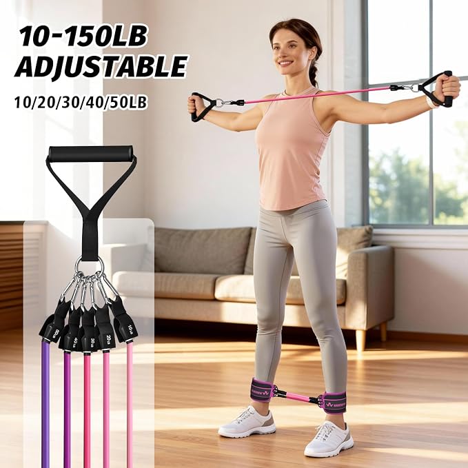 WHATAFIT Resistance Bands with Handles, 5-Level Exercise Bands for Workout | Natural latex,10-50 lbs, stackable to 150,Ankle Straps, Door Anchor,Guide. For Strength, Yoga,Home Gym,Travel & Workout.