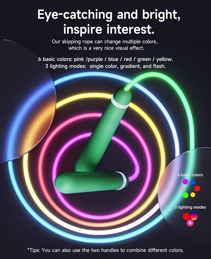 LED Jump Rope for Kids, Glow in The Dark Fun Fitness Gift | Rechargeable, 180-day battery, 9.2ft for ages 6+, colorful LED modes, birthday gift, outdoor fun