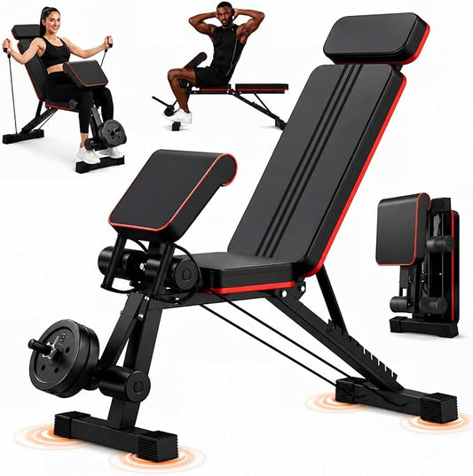 Adjustable Weight Bench, Foldable Workout Bench Press for Home Gym | Heavy duty utility incline decline flat bench with preacher curl, leg extension for full-body strength training.