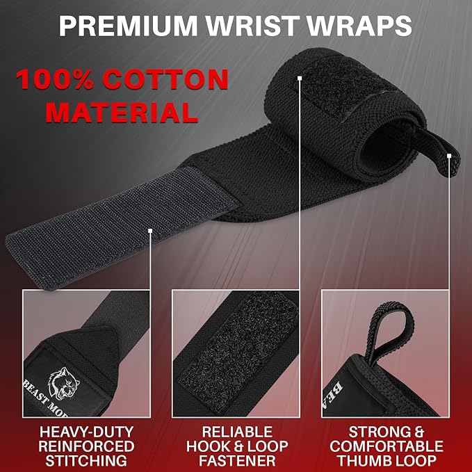 TECEUM Elastic Cotton Weightlifting Wrist Wraps with Thumb Loops, 1 Pair