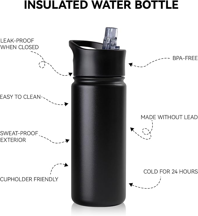 16 oz Insulated Water Bottle for School, Straw & Spout Lid, Keep Cold 24H, Spill Proof, BPA-Free, Double Wall Stainless Steel Kids Water Bottles for Sports, Gym, Travel, Black
