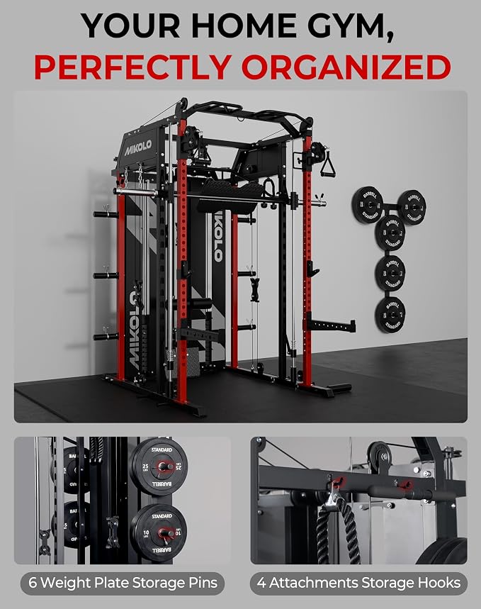 Mikolo Smith Machine with Weight Stack, Power Cage Home Gym System with LAT Pulldown & Cable Crossover, Multi-Functional Trainer with Dual Pulley System, Includes 10+ Free Attachments