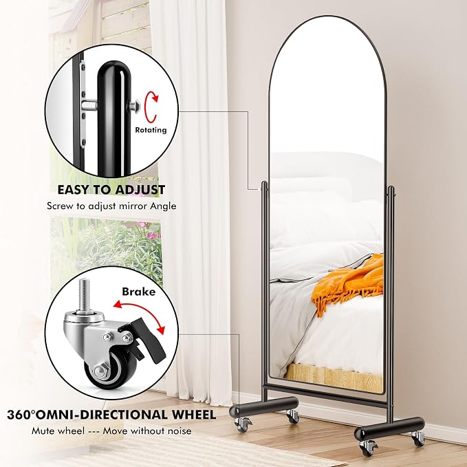 Modern Arch Mobile Floor Mirror, 65"L x 23"W, Black Metal Frame, Tilting, Rolling Wheels