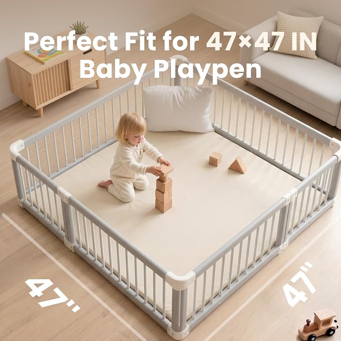Huloo Sleep Baby Play Mat 47x47 Inches, 1.3" Thick Padded Waterproof Floor Cushion & Playpen Mat with Vegan Leather, Non-Slip & Non-Toxic Nursery Rug for Infants, Toddlers & Kids(Beige)