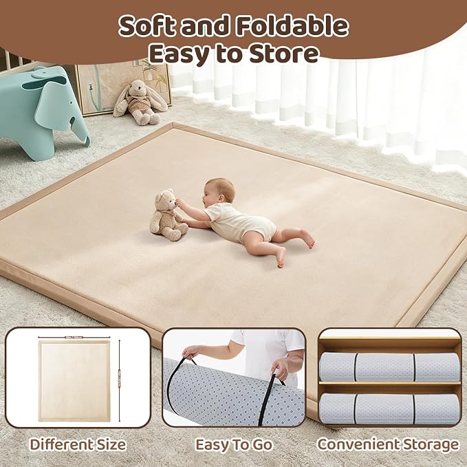 Baby Play Mat for Floor, 79'' x 59'' Thicken Foam Soft Padded Playmat for Tummy Time, Playpen Mat for Toddlers Infant Kids, Water-Repellent Coral Velvet, Non-Slip Bottom Safe for Crawling (Brown)