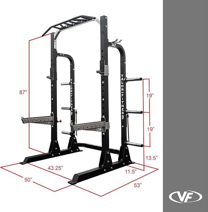 Valor Fitness Half Rack Squat Machine - 5 Position Multi-Grip Pull Up Station - Adjustable Height, Plate Storage, Bar Storage and Resistance Band Pegs – 750lbs.- Optional Weightlifting Platform Bundle