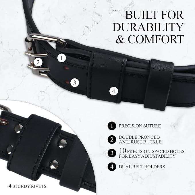 Leather Weightlifting Belt, 10 Adjustable Holes, 4”Width, Double Prong Power Belt for Gym Bodybuilding, weightlifting, powerlifting, squats and deadlifts