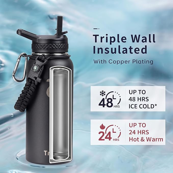 Trebo Insulated Water Bottle 32 oz with 3 Lids, Paracord Handle & Sleeve | Stainless Steel Metal Flask Vacuum, Triple Wall Copper Plated, Dishwasher Safe, Cold 48Hrs for Trail, Hiking, Wide Mouth