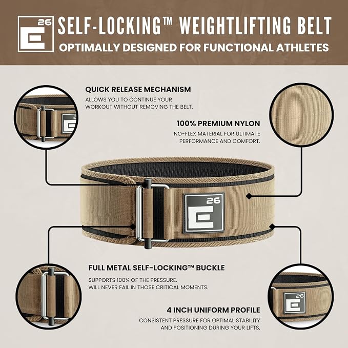 Element 26 Self-Locking Weight Lifting Belt | 4” Back Support for Gym, Powerlifting, Body Building, Cross Training, Men, Women, Deadlift, Squat, Quick Locking, Competition