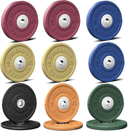 FEIERDUN Color Bumper Plate Set, 2-Inch Olympic Weight Plates, Low Bounce Rubber Barbell Plates with Stainless Steel Insert for Weightlifting, Strength Training, CrossFit & Home Gym, 10LB-370LB
