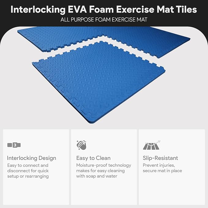 BalanceFrom Puzzle Exercise Mat with EVA Foam Interlocking Tiles (Blue) | Tiles for Home Gym, Mat for Home Workout Equipment, Floor Padding for Kids, Blue, 24 in x 24 in x 3/4 in, 24 Sq Ft - 6 Tiles
