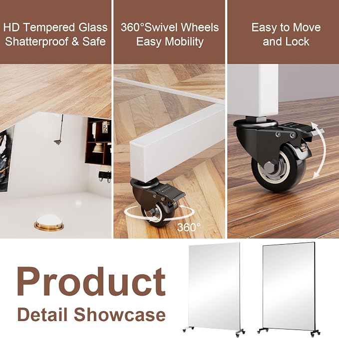 Home Gym Rolling Mirror 72"x40" – Extra Large Full Length Mirror with Wheels, Mobile Tempered Glass Floor Mirror, 360° Swivel, for Workout, Garage, Dance Studio, Yoga, Bedroom, White