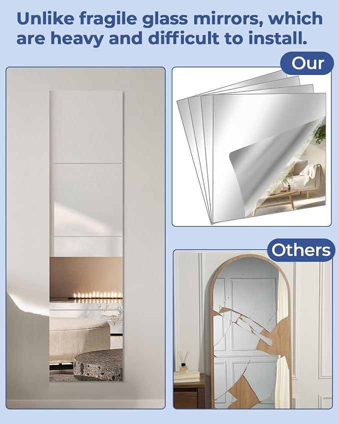 4 Pcs 16" x 16" Acrylic Flexible Mirror Sheets, Peel and Stick Mirror Tiles on Mirrors for Wall, Full Length Body Mirror for Home Gym, Bedroom, Door and Bathroom Decor