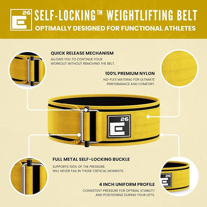 Element 26 Self-Locking Weight Lifting Belt | 4” Back Support for Gym, Powerlifting, Body Building, Cross Training, Men, Women, Deadlift, Squat, Quick Locking, Competition