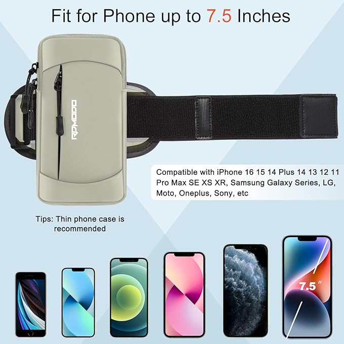 Cell Phone Armbands for Women Men, Adjustable Wrist Bag 7.5" Khaki | Water Resistance & Lightweight, Arm Phone Holder for Running Hiking Workout, Running Arm Band for iPhone Samsung Ultra