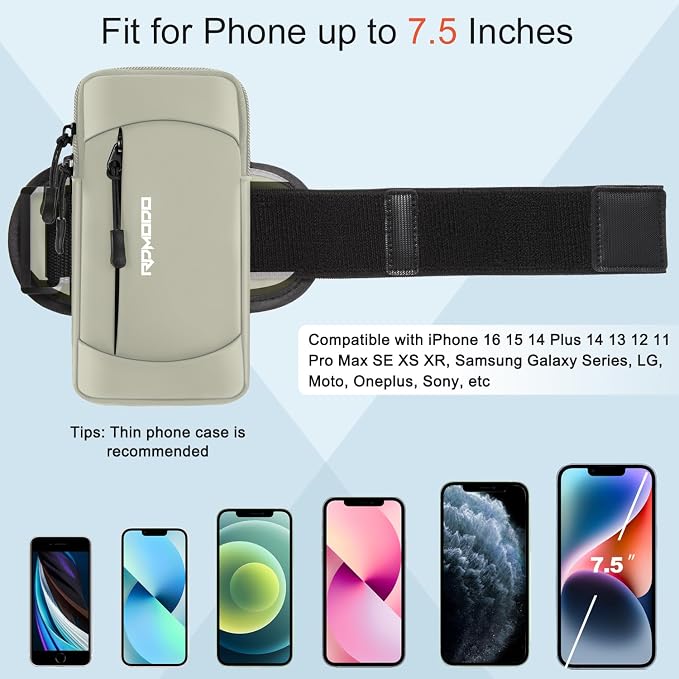 Phone Holder for Running, Armband with Crossbody Strap 7.5" Khaki | Water Resistant & Lightweight Running Armband Phone Holder, Adjustable Elastic Band, Small Shoulder Bag for iPhone Samsung