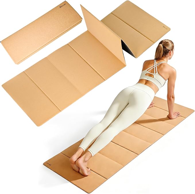 Rocalt Foldable Cork Yoga Mat, Non Slip Travel Pilates Workout Mat | 69 x 24 x 0.25 in, accordion-fold design, POE backing, carry strap for yoga, stretching and travel