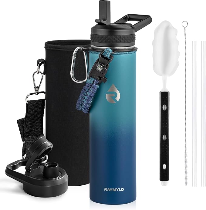 RAYMYLO Insulated Water Bottle 24 oz, Triple Wall Vacuum Stainless Steel | (Cold for 24Hrs, Hot for 12Hrs), Leak Proof & Non-BPA, Modern Water Flask Jug with Paracord Handle & Straw Spout Lids