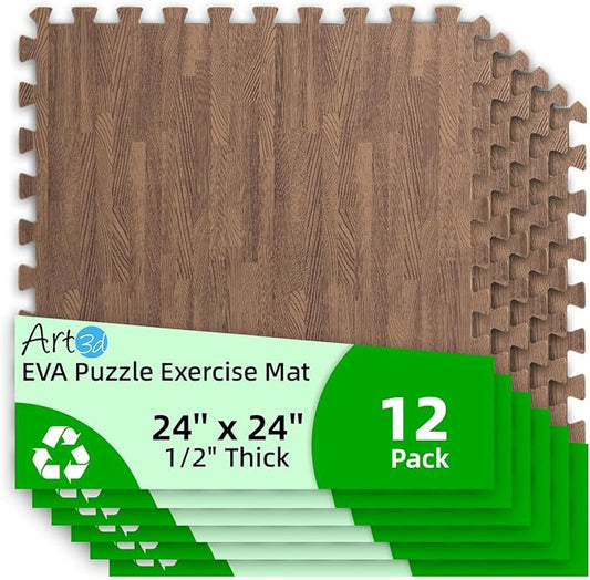 Art3d 12 Pack 24" x 24" EVA Interlocking Exercise Mats, 1/2" Thick Foam Puzzle Flooring for Workout, Gym Equipments, Training Areas, 48 Sq.FT, Dark Walnut