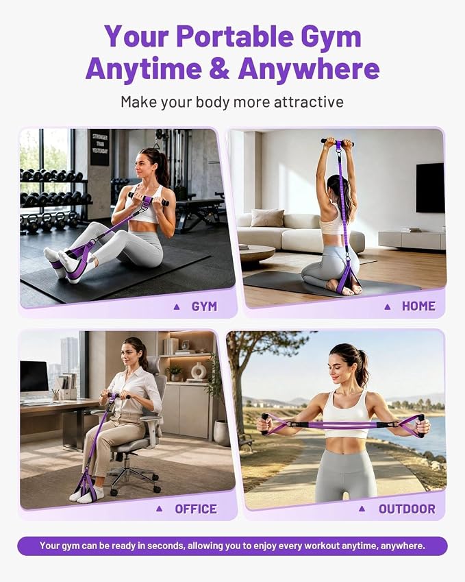 Multifunction Pedal Resistance Band with Handle, 4 Tubes 30/40/50LB Adjustable Foot Pedal Puller Resistance Band with Foam Handle& Storage for Men Women Core, Arm, Legs, Body Workout Home Gym, Purple