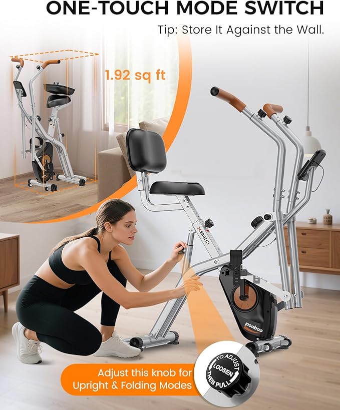 pooboo Folding Exercise Bike, Foldable Upright Stationary Bike, Indoor Cycling Magnetic X-Bike with 8-Level Adjustable Resistance, 6.6 LBS Flywheel, 300LB Capacity, Back Support Cushion for Home Gym