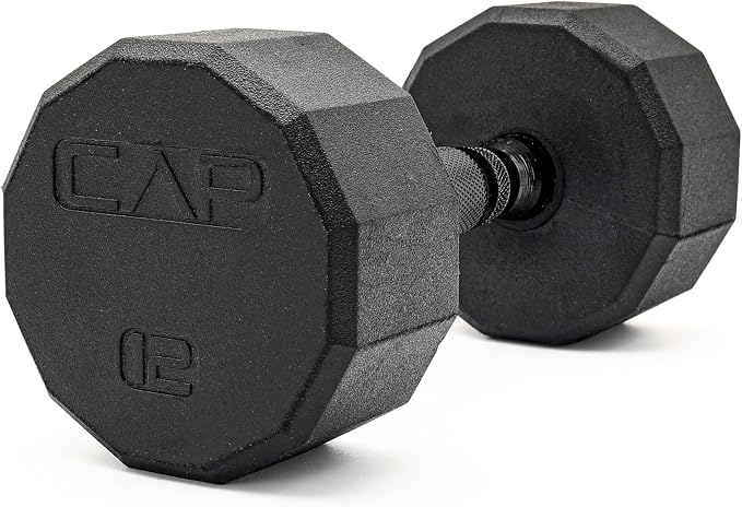 CAP Rubber Coated Dumbbell Weights, Free Weights for Home Gym Strength Training, Anti-Roll Hex Dumbbells with Black, Chrome & Comfort Grip Handles, Singles