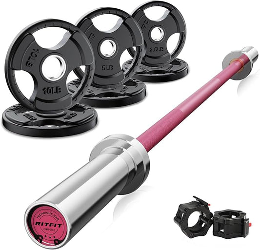 RitFit Barbell Weight Set - 4/6FT Olympic Barbell with Weight Plates (55-115LB Total) - Weightlifting Equipment for Squats, Curls, Deadlifts, Presses, Hip Thrusts