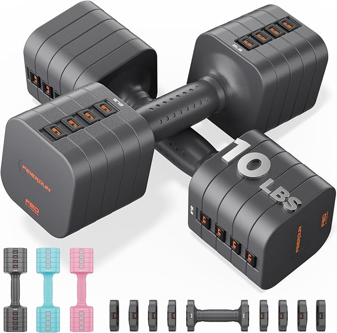 FEIERDUN DB3 5-in-1 Adjustable Dumbbell Set, 6LB/10LB Pair Adjustable Weights for Women at Home, Dual Locking Stable Hand Weights with TPU Soft Handle, Home Gym, Rehab, Pilates, Yoga, Strength Training