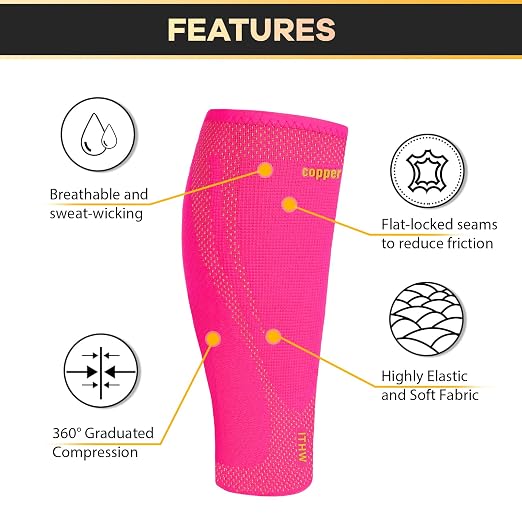 Copper Calf Compression Sleeves for Men & Women - High Stretch | Graduated Compression with Anti-Slip Grip | Breathable & Smooth Lining Footless Design for Runner, Shin Splints, Leg Fatigue
