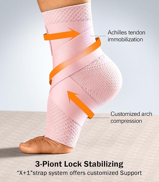 Flat Knitting Ankle Brace for Women&Men, 7-Zone Dynamic Compression Sleeve w/Flex Strap,Foot Support for Sports, Sprained Ankle, Achilles Tendonitis, Plantar Fasciitis Relief(Pack of1) L,Pink