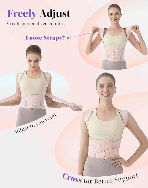 Posture Corrector for Women and Men, Full Back Support Brace, Adjustable Shoulder Straightener, Improving Posture, Relief Upper and Lower Back, Neck Pain, Pink, Small