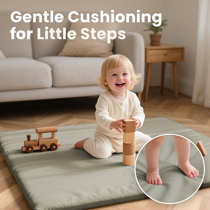 Huloo Sleep Baby Play Mat 50x50 Inches,1.3" Thick Padded Waterproof Floor Cushion & Playpen Mat with Vegan Leather,Non-Slip & Non-Toxic Nursery Rug for Infants, Toddlers & Kids(Grey)